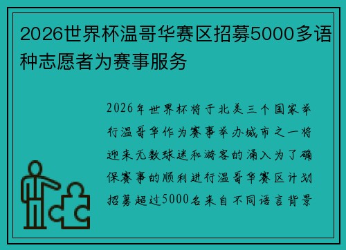 2026世界杯温哥华赛区招募5000多语种志愿者为赛事服务